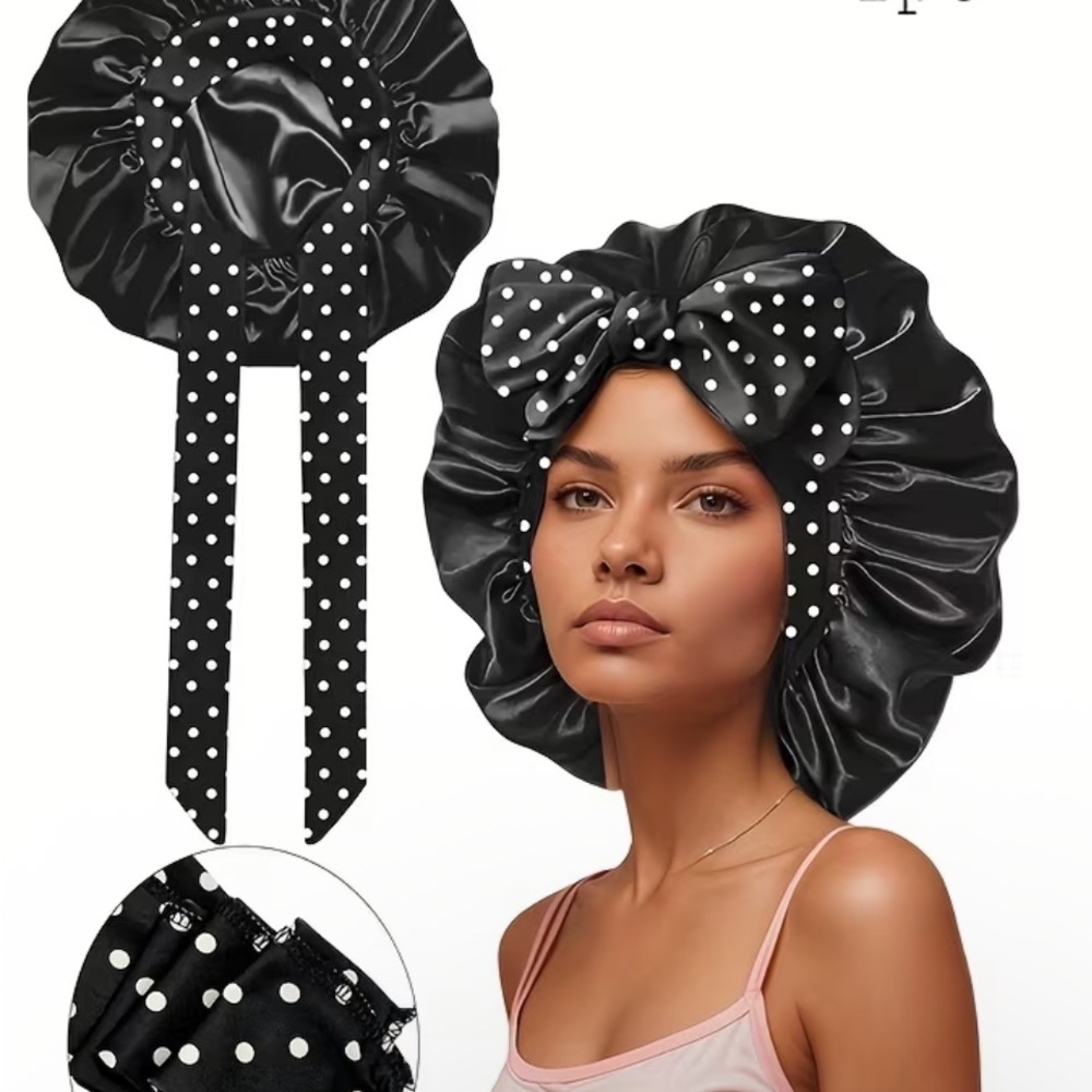 2 Polka Dot Satin Bonnet with Bow - Black